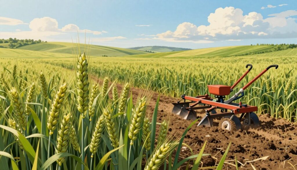 A detailed and informative illustration of wheat's agrotechnical requirements. In the foreground, lush green wheat plants in various growth stages, showcasing healthy ears of grain alongside soil with visible nutrients. The middle ground displays agricultural tools like a plow and a seed drill, symbolizing the cultivation process. The background features a picturesque landscape of rolling hills under a bright, sunny sky with soft, scattered clouds. Warm, natural lighting enhances the image, creating a vibrant and inviting atmosphere. A wide-angle view captures the expansive fields, emphasizing the scale of wheat agriculture. The overall mood is one of prosperity and careful agricultural management, reflecting the importance of conditions for growing wheat. A detailed and informative illustration of wheat's agrotechnical requirements. In the foreground, lush green wheat plants in various growth stages, showcasing healthy ears of grain alongside soil with visible nutrients. The middle ground displays agricultural tools like a plow and a seed drill, symbolizing the cultivation process. The background features a picturesque landscape of rolling hills under a bright, sunny sky with soft, scattered clouds. Warm, natural lighting enhances the image, creating a vibrant and inviting atmosphere. A wide-angle view captures the expansive fields, emphasizing the scale of wheat agriculture. The overall mood is one of prosperity and careful agricultural management, reflecting the importance of conditions for growing wheat.