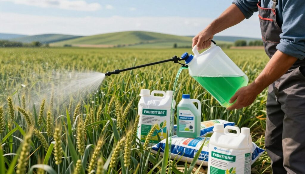 A detailed and informative scene depicting a farmer in professional attire mixing foliar fertilizers with plant protection products in a lush green field of winter cereals. In the foreground, focus on the farmer's hands holding a measurable container, pouring vibrant green liquid into a spray tank. The middle layer showcases various bags of fertilizers and protective agents scattered around, with dynamic sprays of liquid being applied to the cereal crops. In the background, rolling hills and a clear blue sky provide a peaceful agricultural atmosphere, illuminated by soft, natural sunlight that highlights the freshness and health of the crops. The overall mood is one of diligence and care in agricultural practices, emphasizing the importance of proper mixing techniques for optimal crop health. A detailed and informative scene depicting a farmer in professional attire mixing foliar fertilizers with plant protection products in a lush green field of winter cereals. In the foreground, focus on the farmer's hands holding a measurable container, pouring vibrant green liquid into a spray tank. The middle layer showcases various bags of fertilizers and protective agents scattered around, with dynamic sprays of liquid being applied to the cereal crops. In the background, rolling hills and a clear blue sky provide a peaceful agricultural atmosphere, illuminated by soft, natural sunlight that highlights the freshness and health of the crops. The overall mood is one of diligence and care in agricultural practices, emphasizing the importance of proper mixing techniques for optimal crop health.