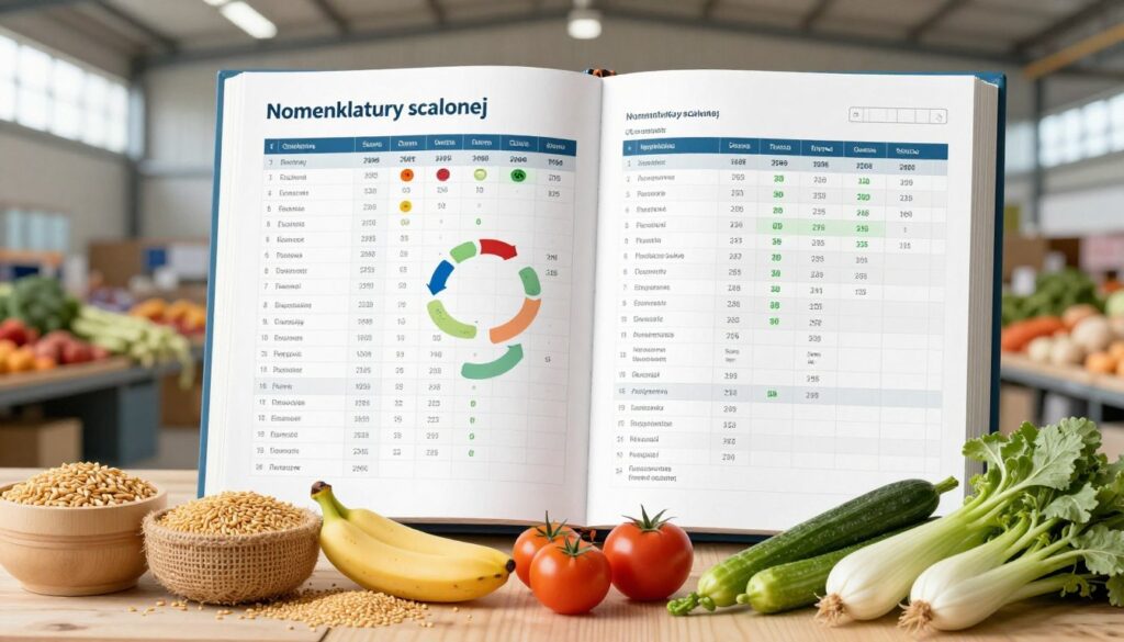 A detailed and organized illustration representing the "Nomenklatury scalonej" classification system. In the foreground, include a neatly arranged selection of various agricultural products such as grains, fruits, and vegetables, labeled with their respective codes and descriptions. In the middle ground, depict a large, open ledger or digital screen displaying a clear, structured layout of the nomenclature system with charts and tables, highlighting the classification of goods. The background should feature a soft-focus industrial setting, possibly a warehouse or a market, to imply trade. Use bright, natural lighting to create a professional and informative atmosphere. The image should evoke clarity and order, avoiding any text or symbols that could distract from the primary focus on the classification system. A detailed and organized illustration representing the "Nomenklatury scalonej" classification system. In the foreground, include a neatly arranged selection of various agricultural products such as grains, fruits, and vegetables, labeled with their respective codes and descriptions. In the middle ground, depict a large, open ledger or digital screen displaying a clear, structured layout of the nomenclature system with charts and tables, highlighting the classification of goods. The background should feature a soft-focus industrial setting, possibly a warehouse or a market, to imply trade. Use bright, natural lighting to create a professional and informative atmosphere. The image should evoke clarity and order, avoiding any text or symbols that could distract from the primary focus on the classification system.