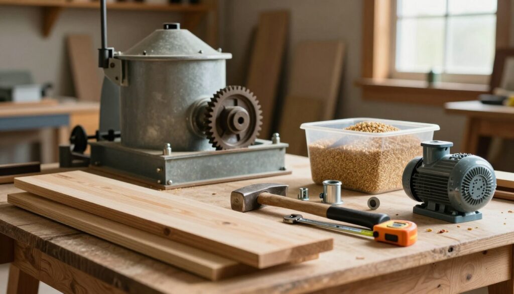 A detailed arrangement of materials and tools for building a grain cleaning mill. In the foreground, showcase wooden planks, metal fittings, and a small motor. Include tools like a hammer, wrench, and measuring tape neatly laid out. The middle ground features a partially assembled mill, displaying gears and a container for grain. In the background, a rustic workshop ambiance with wooden beams and soft natural lighting streaming through a window creates a warm atmosphere. The focus should be sharp on the materials and tools, with a slight blur on the background to emphasize the subject. The image conveys a practical, hands-on mood, inviting readers to engage in DIY creativity.