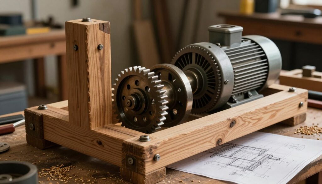A detailed assembly of a grain mill's frame and power drive system, showcasing rugged wooden beams and metallic gears interlocking perfectly in the foreground. The frame exhibits craftsmanship with visible wood grains and metal textures, highlighting the connection points and fasteners. In the middle ground, an assessment of the power system reveals pulleys and a motor attached to the structure, emphasizing functionality. The background features a softly lit workshop environment with tools, blueprints, and grains scattered around, creating a sense of productivity. The lighting is warm and inviting, casting soft shadows to enhance the details of the assembly. The perspective is slightly tilted to give depth, while the overall mood conveys a sense of hands-on innovation and rustic charm.