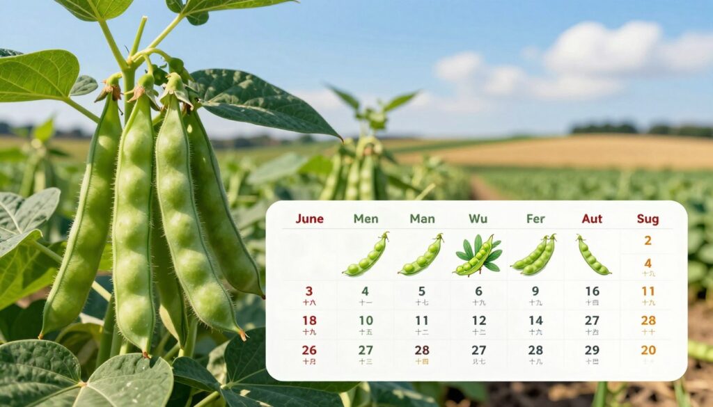 A detailed calendar of broad bean harvesting showing the seasonal months June to August. In the foreground, vibrant green broad bean plants laden with pods. The middle section displays an artistic representation of a harvesting calendar, beautifully illustrated with images of the beans and their growth stages across the months. In the background, a picturesque farm landscape under a bright blue sky, with rolling fields and a gentle breeze, creating an inviting and serene atmosphere. The sunlight casts soft shadows, emphasizing the freshness of the harvest. The composition should have a warm, natural feel, capturing the essence of the growing season and the bounty it provides, inviting readers into the world of agricultural abundance and seasonal changes. A detailed calendar of broad bean harvesting showing the seasonal months June to August. In the foreground, vibrant green broad bean plants laden with pods. The middle section displays an artistic representation of a harvesting calendar, beautifully illustrated with images of the beans and their growth stages across the months. In the background, a picturesque farm landscape under a bright blue sky, with rolling fields and a gentle breeze, creating an inviting and serene atmosphere. The sunlight casts soft shadows, emphasizing the freshness of the harvest. The composition should have a warm, natural feel, capturing the essence of the growing season and the bounty it provides, inviting readers into the world of agricultural abundance and seasonal changes.