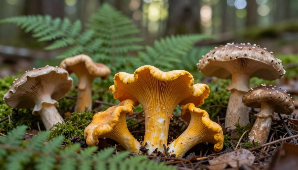 A detailed close-up image of a wild mushroom, specifically a edible chanterelle mushroom (cantharellus cibarius) surrounded by various toxic mushroom lookalikes, showcasing the key identifying features. In the foreground, the chanterelle displays its wavy, golden-yellow cap and forked gills, contrasted against the duller colors of poisonous species like the false chanterelle and autumn skullcap. In the middle ground, lush greenery and ferns create a natural forest setting, with soft sunlight filtering through the leaves, casting gentle shadows. The background consists of blurred tree trunks and a hint of a forest floor covered in leaves and moss, enhancing the atmosphere of woodland exploration. The overall mood is serene and informative, ideal for an educational context. A detailed close-up image of a wild mushroom, specifically a edible chanterelle mushroom (cantharellus cibarius) surrounded by various toxic mushroom lookalikes, showcasing the key identifying features. In the foreground, the chanterelle displays its wavy, golden-yellow cap and forked gills, contrasted against the duller colors of poisonous species like the false chanterelle and autumn skullcap. In the middle ground, lush greenery and ferns create a natural forest setting, with soft sunlight filtering through the leaves, casting gentle shadows. The background consists of blurred tree trunks and a hint of a forest floor covered in leaves and moss, enhancing the atmosphere of woodland exploration. The overall mood is serene and informative, ideal for an educational context.