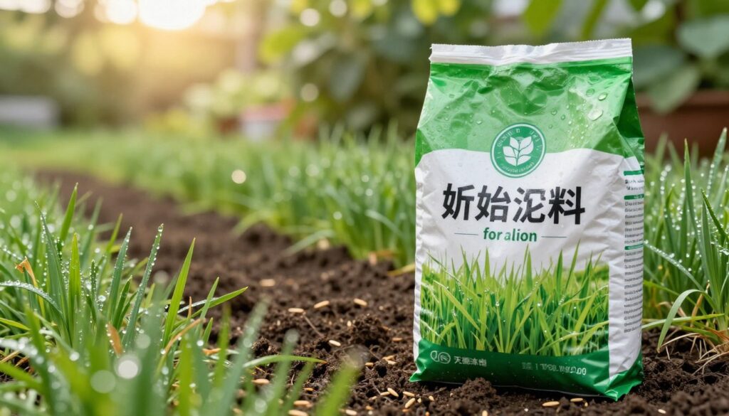 A detailed close-up of a bag of "starter fertilizer for grass" placed prominently in the foreground, showcasing its vibrant packaging and clear labeling. Surrounding the bag, freshly cut grass blades glisten with morning dew, highlighting the lush green colors. In the middle ground, a small patch of soil is visible, freshly tilled and ready for sowing, with some scattered seeds indicative of grass. The background features a blurred garden scene with a hint of sunlight filtering through tree leaves, creating a warm and inviting atmosphere. Use soft natural lighting to enhance the freshness and vitality, with a shallow depth of field to draw focus to the fertilizer and soil, suggesting a sense of preparation and growth. A detailed close-up of a bag of "starter fertilizer for grass" placed prominently in the foreground, showcasing its vibrant packaging and clear labeling. Surrounding the bag, freshly cut grass blades glisten with morning dew, highlighting the lush green colors. In the middle ground, a small patch of soil is visible, freshly tilled and ready for sowing, with some scattered seeds indicative of grass. The background features a blurred garden scene with a hint of sunlight filtering through tree leaves, creating a warm and inviting atmosphere. Use soft natural lighting to enhance the freshness and vitality, with a shallow depth of field to draw focus to the fertilizer and soil, suggesting a sense of preparation and growth.