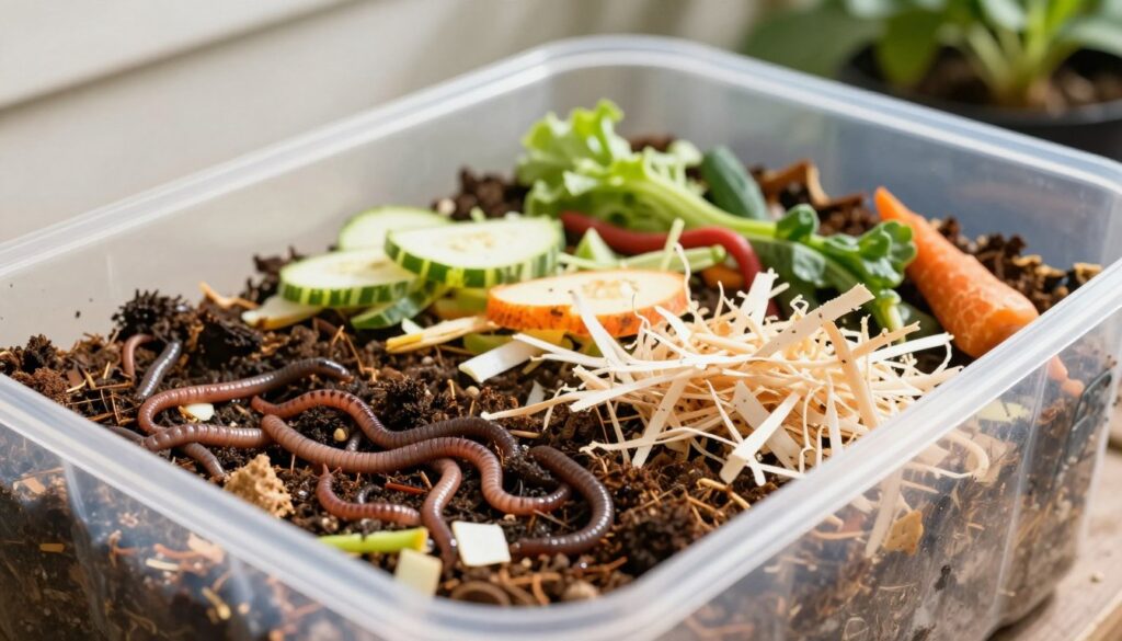 A detailed close-up of a well-prepared vermicomposting setup, showcasing a variety of organic materials such as vegetable scraps and shredded paper layered in a spacious, clear plastic container designed for composting. Bright, natural light illuminates the setup from the left, casting soft shadows that highlight the textures of the materials. In the foreground, earthworms—California redworms—can be seen actively working through the compost, emphasizing their crucial role. The background features a light, blurred view of a garden setting, enhancing the home gardening vibe. The overall atmosphere is inviting and earthy, reflecting a sustainable and nurturing approach to composting. The image should have a vivid color palette with greens, browns, and colorful scraps, evoking a sense of growth and eco-friendliness. A detailed close-up of a well-prepared vermicomposting setup, showcasing a variety of organic materials such as vegetable scraps and shredded paper layered in a spacious, clear plastic container designed for composting. Bright, natural light illuminates the setup from the left, casting soft shadows that highlight the textures of the materials. In the foreground, earthworms—California redworms—can be seen actively working through the compost, emphasizing their crucial role. The background features a light, blurred view of a garden setting, enhancing the home gardening vibe. The overall atmosphere is inviting and earthy, reflecting a sustainable and nurturing approach to composting. The image should have a vivid color palette with greens, browns, and colorful scraps, evoking a sense of growth and eco-friendliness.
