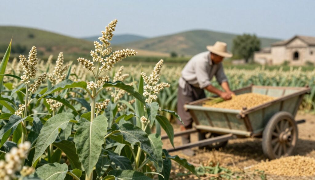 A detailed historical depiction of buckwheat (gryka) cultivation and its origins. In the foreground, lush green buckwheat plants display their distinctive broad leaves and delicate white flowers, evoking a sense of freshness and vitality. In the middle ground, a farmer in modest casual clothing gently harvests the grains, showcasing traditional farming techniques from centuries past, surrounded by a classic wooden cart filled with harvested buckwheat. The background features a serene landscape with rolling hills, ancient stone structures, and a clear blue sky, hinting at the plant's long history. Soft, natural lighting bathes the scene, creating a warm, nostalgic atmosphere that invites the viewer to appreciate the rich heritage of buckwheat. Use a shallow depth of field to focus on the plants and farmer, creating an intimate connection with the subject. A detailed historical depiction of buckwheat (gryka) cultivation and its origins. In the foreground, lush green buckwheat plants display their distinctive broad leaves and delicate white flowers, evoking a sense of freshness and vitality. In the middle ground, a farmer in modest casual clothing gently harvests the grains, showcasing traditional farming techniques from centuries past, surrounded by a classic wooden cart filled with harvested buckwheat. The background features a serene landscape with rolling hills, ancient stone structures, and a clear blue sky, hinting at the plant's long history. Soft, natural lighting bathes the scene, creating a warm, nostalgic atmosphere that invites the viewer to appreciate the rich heritage of buckwheat. Use a shallow depth of field to focus on the plants and farmer, creating an intimate connection with the subject.
