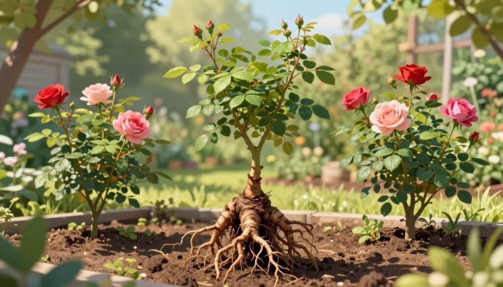 A detailed illustration of Rosa canina rootstock prominently displayed in the foreground, showcasing its distinctive thick, gnarled roots and lush green foliage. In the middle ground, several thriving rose plants, pruned and ready for grafting, are visible, emphasizing the relationship between the rootstock and the noble rose varieties. The background features a tranquil garden setting with dappled sunlight filtering through the leaves, creating a warm, inviting atmosphere. A soft focus highlights the rootstock while maintaining clarity on the roses, capturing their vibrant colors. The scene is shot at a slight angle to add depth, with natural light illuminating the textures of the plants, evoking a sense of harmony and growth in the gardening process. A detailed illustration of Rosa canina rootstock prominently displayed in the foreground, showcasing its distinctive thick, gnarled roots and lush green foliage. In the middle ground, several thriving rose plants, pruned and ready for grafting, are visible, emphasizing the relationship between the rootstock and the noble rose varieties. The background features a tranquil garden setting with dappled sunlight filtering through the leaves, creating a warm, inviting atmosphere. A soft focus highlights the rootstock while maintaining clarity on the roses, capturing their vibrant colors. The scene is shot at a slight angle to add depth, with natural light illuminating the textures of the plants, evoking a sense of harmony and growth in the gardening process.