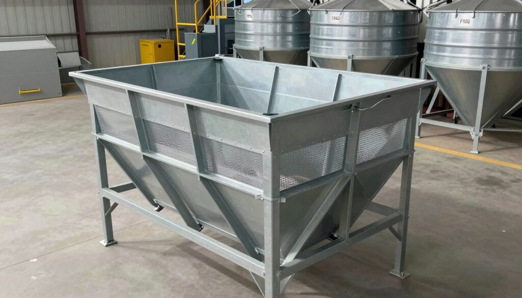 A detailed illustration of a FKPAG type grain reception basket design, showcasing its intricate metal framework and stability features. In the foreground, highlight the basket's structure, emphasizing the robust materials and mesh design. The middle ground features a warehouse setting, with a clean and organized environment filled with grain storage units in the background. Soft, natural lighting illuminates the scene, casting gentle shadows that enhance the basket’s contours. Capture the image from a slightly elevated angle, providing a comprehensive view of the basket's dimensions and technical specifications. The atmosphere is professional and industrious, ideal for showcasing agricultural innovations. Ensure no people are present in the image. A detailed illustration of a FKPAG type grain reception basket design, showcasing its intricate metal framework and stability features. In the foreground, highlight the basket's structure, emphasizing the robust materials and mesh design. The middle ground features a warehouse setting, with a clean and organized environment filled with grain storage units in the background. Soft, natural lighting illuminates the scene, casting gentle shadows that enhance the basket’s contours. Capture the image from a slightly elevated angle, providing a comprehensive view of the basket's dimensions and technical specifications. The atmosphere is professional and industrious, ideal for showcasing agricultural innovations. Ensure no people are present in the image.