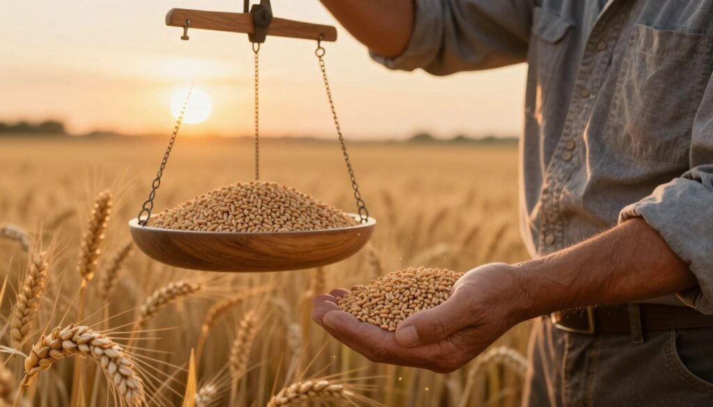 A detailed illustration of common mistakes in estimating grain weight, featuring a close-up of a farmer measuring wheat with a scale in a golden field. In the foreground, the farmer, dressed in modest work attire, holds a handful of grain, examining its density. The middle ground displays a traditional wooden scale with overflowing wheat, emphasizing typical miscalculations. The background captures a sunset casting warm, soft light over the field, enhancing the atmospheric mood of the scene. The image should focus on clarity and professionalism, emphasizing accuracy in grain estimation without any distractions. The angle should be slightly elevated, capturing both the farmer's concentration and the vastness of the field, showcasing realism and attention to detail in texture and color. A detailed illustration of common mistakes in estimating grain weight, featuring a close-up of a farmer measuring wheat with a scale in a golden field. In the foreground, the farmer, dressed in modest work attire, holds a handful of grain, examining its density. The middle ground displays a traditional wooden scale with overflowing wheat, emphasizing typical miscalculations. The background captures a sunset casting warm, soft light over the field, enhancing the atmospheric mood of the scene. The image should focus on clarity and professionalism, emphasizing accuracy in grain estimation without any distractions. The angle should be slightly elevated, capturing both the farmer's concentration and the vastness of the field, showcasing realism and attention to detail in texture and color.