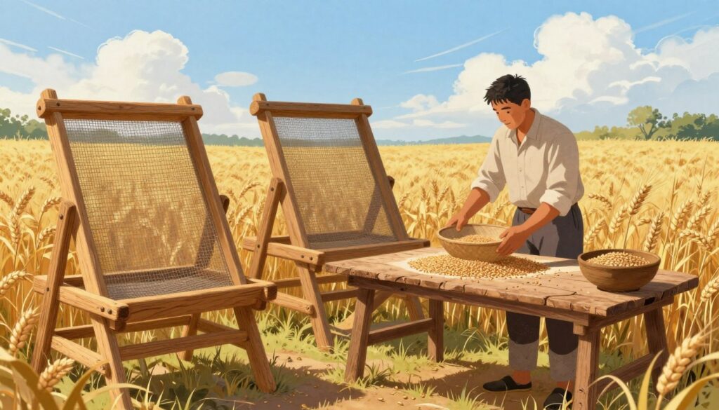 A detailed illustration of "sita wialni" (grain sieves) set within a quaint agricultural context. In the foreground, robust wooden sieves of various sizes, showing intricate mesh patterns, are displayed. The middle ground features a farmer, dressed in modest casual attire, carefully testing the sieves alongside a rustic wooden table filled with wheat kernels. The background showcases a sprawling field of wheat under a bright blue sky, with gentle clouds drifting by. Soft sunlight filters through, casting warm, inviting shadows. The scene evokes a sense of dedication to farming, blending tradition with functionality. The image captures the essence of selecting grain sieves suitable for small and larger agricultural operations, emphasizing a connection to the land and the quality of produce.