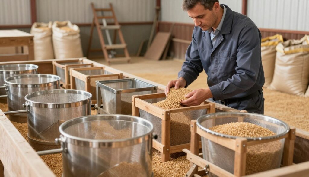 A detailed image of a modern wheat cleaning process in an agricultural setting, showcasing various types of sieves designed specifically for wheat cleaning. In the foreground, focus on an array of high-quality, metallic and wooden sieves with different mesh sizes, expertly arranged. In the middle ground, depict a skilled farmer wearing professional business attire, engaged in inspecting the wheat grains as they pass through the sieves. The background should illustrate a well-lit barn filled with sacks of freshly harvested wheat and rustic farming tools. The atmosphere should convey a sense of diligence and professionalism, with soft, natural lighting highlighting the textures of the sieves and the farmer's focused expression. A shallow depth of field can enhance the focus on the sieves while softening the barn backdrop.