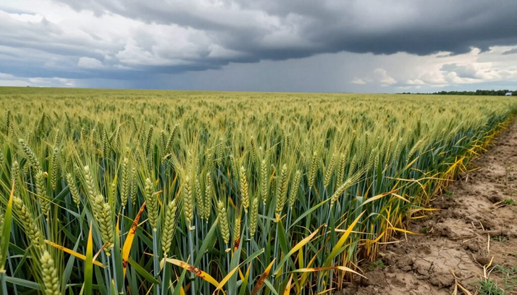 A detailed image of wheat interspersed with signs of disease and environmental stress, capturing the threats to its growth. In the foreground, vibrant green wheat stalks show signs of yellowing leaves and rust, indicating health issues. In the middle ground, patches of soil appear eroded and dry, hinting at poor agricultural practices. In the background, a distant view of a monoculture field stretches under a cloudy sky, with ominous dark clouds reflecting an impending storm, symbolizing the risks of continuous wheat cultivation. The lighting is moody, with a focus on shadows cast by the clouds, enhancing the atmosphere of tension and uncertainty. The angle is slightly elevated to showcase the breadth of the field, highlighting the contrast between healthy and compromised areas.