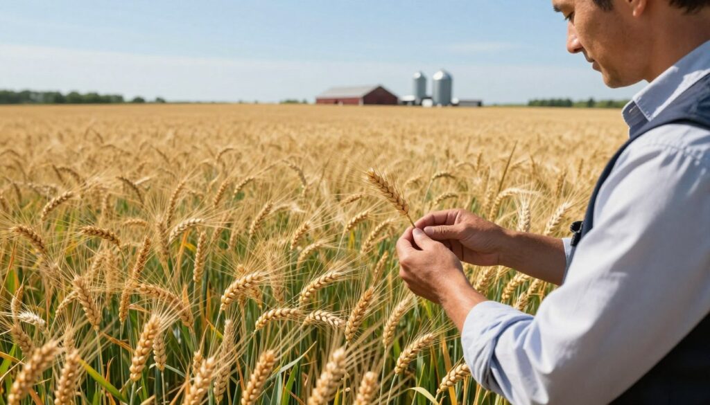A detailed scene depicting a modern agricultural landscape with ripe wheat fields under a clear blue sky. In the foreground, a farmer in professional attire inspects a golden wheat spike, symbolizing the grain market. The middle ground features rows of wheat swaying gently in the breeze, reflecting the bountiful harvest. In the background, a distant view of a barn and silos suggests agricultural operations. Soft, natural sunlight bathes the scene, enhancing the vibrant colors, particularly the rich golds and deep greens. A subtle, warm atmosphere conveys the importance of agriculture in economic discussions. Capture this image from a slightly elevated angle to provide depth and perspective. A detailed scene depicting a modern agricultural landscape with ripe wheat fields under a clear blue sky. In the foreground, a farmer in professional attire inspects a golden wheat spike, symbolizing the grain market. The middle ground features rows of wheat swaying gently in the breeze, reflecting the bountiful harvest. In the background, a distant view of a barn and silos suggests agricultural operations. Soft, natural sunlight bathes the scene, enhancing the vibrant colors, particularly the rich golds and deep greens. A subtle, warm atmosphere conveys the importance of agriculture in economic discussions. Capture this image from a slightly elevated angle to provide depth and perspective.