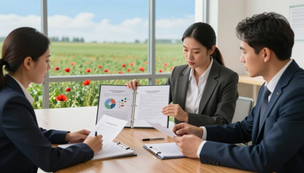 A detailed scene depicting a professional meeting focused on the registration of poppy producers. In the foreground, a diverse group of three professionals in business attire is gathered around a large wooden table, examining documents and discussing plans. The middle ground features an open binder showcasing charts and regulations about poppy cultivation, with a clear focus on relevant legal criteria for registration. In the background, large windows allow natural light to flood the room, highlighting a backdrop of lush green fields with rows of blooming poppy flowers under a bright blue sky. The mood is serious yet collaborative, emphasizing the importance of compliance and community within the agricultural sector. The image should be well-lit, with a warm color palette to create an inviting atmosphere.