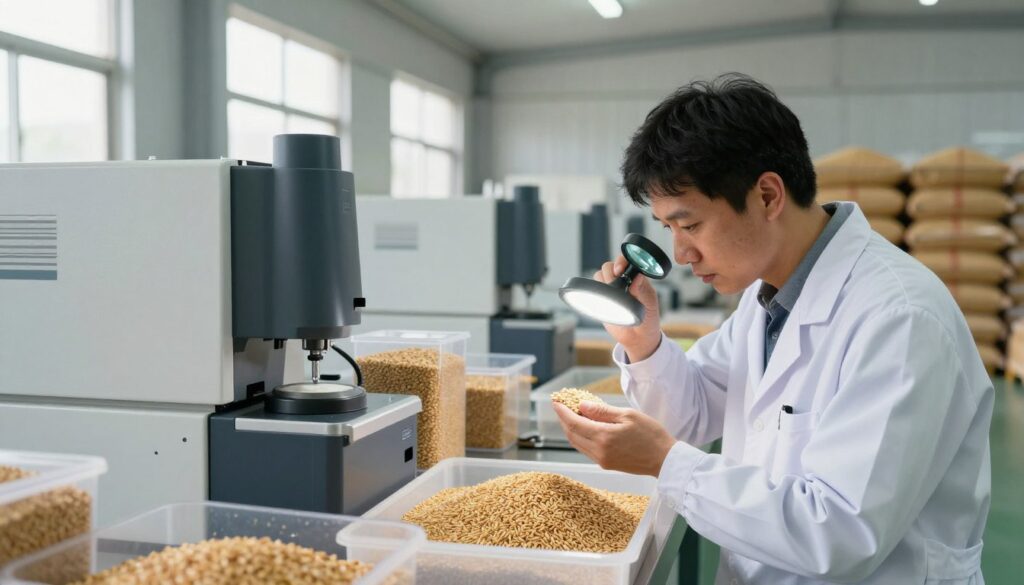 A detailed scene depicting grain quality control procedures in a spacious, well-lit agricultural facility. In the foreground, a professional quality inspector in a lab coat examines a sample of grain under a bright LED light, using a magnifying glass. The middle ground shows modern laboratory equipment including grain analysis machines and various grains in transparent containers, all organized neatly. In the background, large windows let in natural light, illuminating stacks of grains stored in bags, creating a clean and orderly environment. The mood is serious and focused, reflecting a commitment to quality and safety in grain processing. The image should be captured with a wide-angle lens, enhancing depth with a bright but soft lighting scheme. A detailed scene depicting grain quality control procedures in a spacious, well-lit agricultural facility. In the foreground, a professional quality inspector in a lab coat examines a sample of grain under a bright LED light, using a magnifying glass. The middle ground shows modern laboratory equipment including grain analysis machines and various grains in transparent containers, all organized neatly. In the background, large windows let in natural light, illuminating stacks of grains stored in bags, creating a clean and orderly environment. The mood is serious and focused, reflecting a commitment to quality and safety in grain processing. The image should be captured with a wide-angle lens, enhancing depth with a bright but soft lighting scheme.