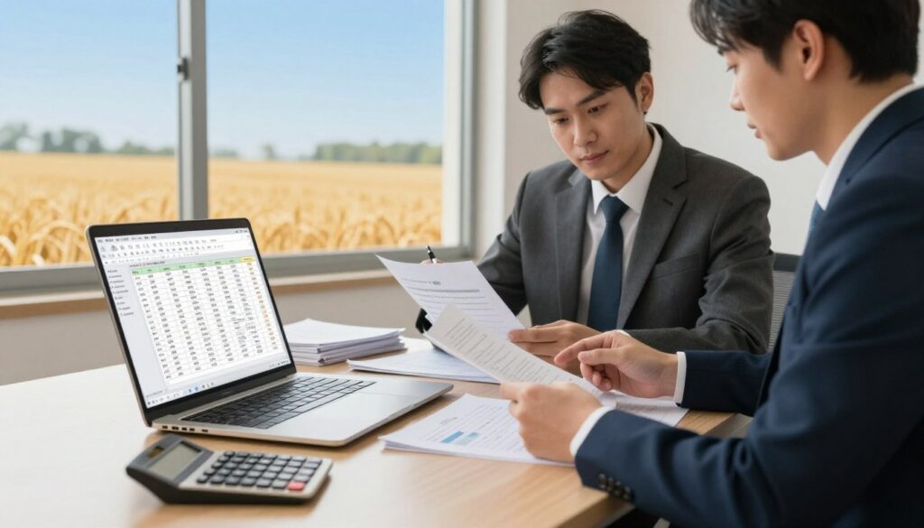 A detailed scene illustrating the documentation of grain transactions in a professional setting. In the foreground, depict a well-organized desk with a laptop open to a digital spreadsheet showing grain sales data. Beside the laptop, place a stack of paperwork and a calculator. In the middle ground, a businessman in smart attire is discussing with a colleague, both reviewing documents. The background features a large window, allowing natural light to flood the room, revealing a picturesque view of expansive grain fields under a clear blue sky. The mood is focused and professional, emphasizing the importance of diligence and accuracy in financial documentation. The lighting should be bright and warm, enhancing the sense of a productive environment. A detailed scene illustrating the documentation of grain transactions in a professional setting. In the foreground, depict a well-organized desk with a laptop open to a digital spreadsheet showing grain sales data. Beside the laptop, place a stack of paperwork and a calculator. In the middle ground, a businessman in smart attire is discussing with a colleague, both reviewing documents. The background features a large window, allowing natural light to flood the room, revealing a picturesque view of expansive grain fields under a clear blue sky. The mood is focused and professional, emphasizing the importance of diligence and accuracy in financial documentation. The lighting should be bright and warm, enhancing the sense of a productive environment.