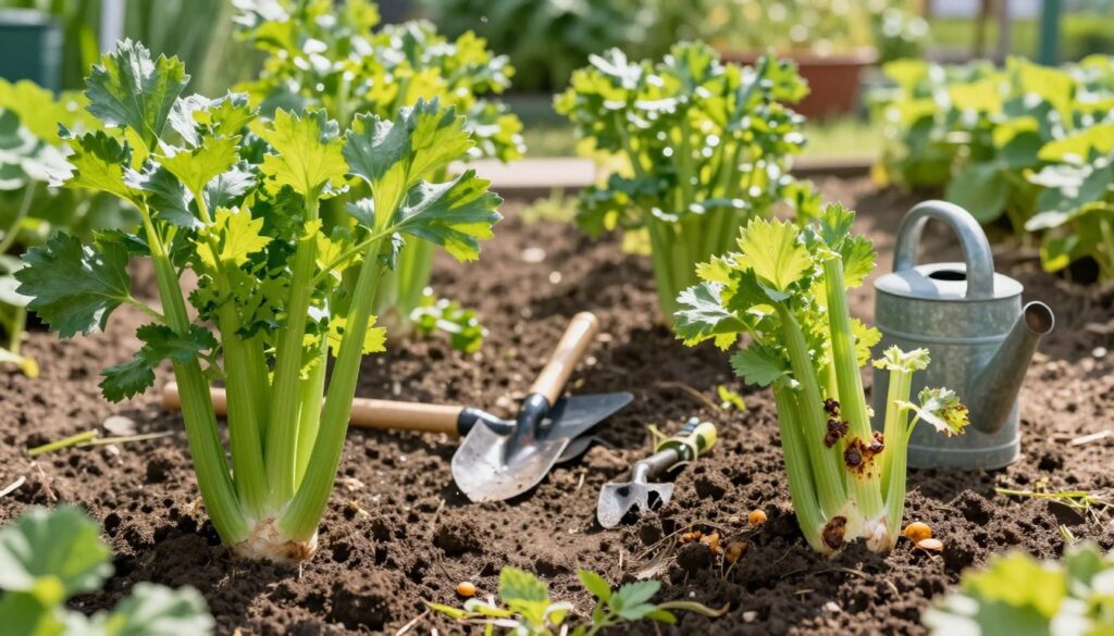 A detailed scene showcasing common mistakes in celery cultivation. In the foreground, a split image of healthy celery plants on one side and deteriorating celery plants on the other, illustrating overwatering, poor soil quality, and pest infestation. In the middle ground, a garden setting with gardening tools like a trowel and a watering can scattered carelessly, emphasizing neglect. In the background, a bright, sunny garden path lined with lush greens, symbolizing the ideal conditions for growth. The lighting should be vibrant, with soft sunlight filtering through the leaves, casting gentle shadows. Capture a sense of caution and awareness in the atmosphere, encouraging better agricultural practices and care. The composition should focus solely on the plants and gardening elements, avoiding any human subjects or text.