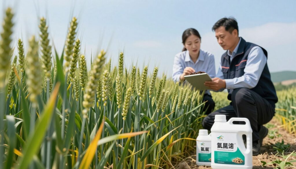 A field of wheat at various growth stages, showcasing the selection of nitrogen fertilizers based on crop conditions. In the foreground, lush green wheat plants with varying heights, some showing bright yellowing leaves, indicating nutrient deficiency. In the middle ground, a farmer in professional attire, examining soil samples and discussing with an agricultural consultant, both attentive and focused. The background features a clear blue sky and distant rolling hills, suggesting a thriving agricultural landscape. Soft, natural lighting highlights the textures of the wheat, creating a reassuring and hopeful atmosphere. The scene captures the importance of choosing the appropriate nitrogen fertilizer, emphasizing sustainable agriculture and healthy crop growth. A field of wheat at various growth stages, showcasing the selection of nitrogen fertilizers based on crop conditions. In the foreground, lush green wheat plants with varying heights, some showing bright yellowing leaves, indicating nutrient deficiency. In the middle ground, a farmer in professional attire, examining soil samples and discussing with an agricultural consultant, both attentive and focused. The background features a clear blue sky and distant rolling hills, suggesting a thriving agricultural landscape. Soft, natural lighting highlights the textures of the wheat, creating a reassuring and hopeful atmosphere. The scene captures the importance of choosing the appropriate nitrogen fertilizer, emphasizing sustainable agriculture and healthy crop growth.