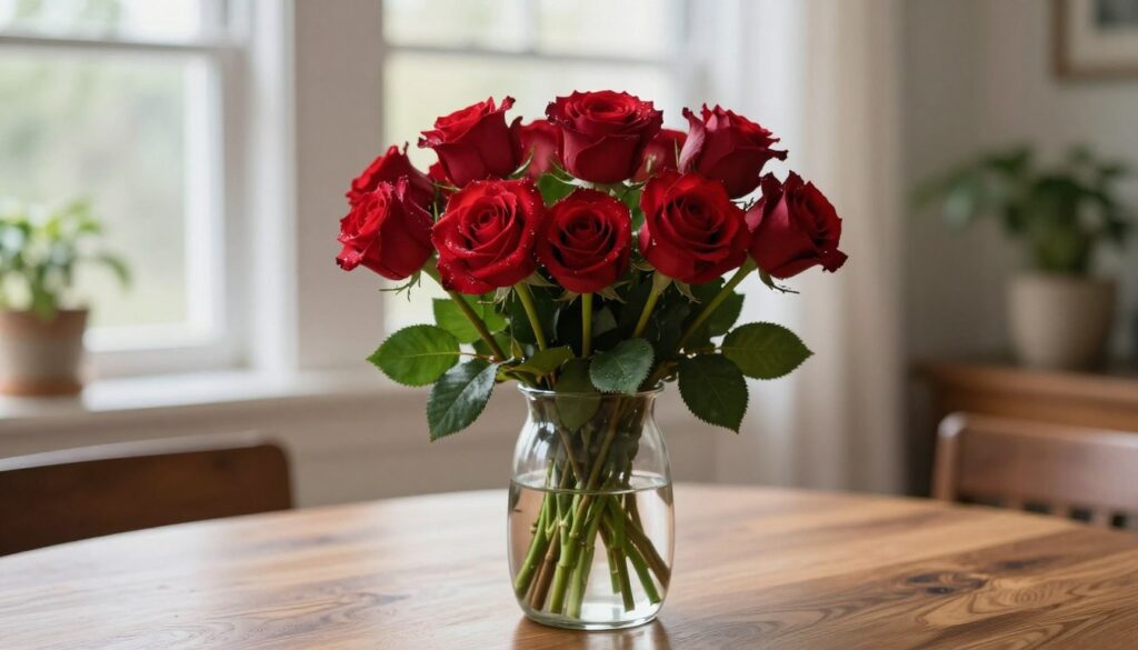 A fresh bouquet of deep red roses arranged in a simple, elegant glass vase, sitting on a polished wooden table. The foreground highlights the lush petals and green leaves of the roses, glistening with droplets of water, suggesting recent care. In the middle ground, the vase is framed by soft, diffused natural light coming through a nearby window, enhancing the vibrant colors of the flowers. The background features a subtly blurred home interior with hints of greenery from potted plants, creating a warm and inviting atmosphere. The scene evokes a sense of tranquility and freshness, perfect for illustrating daily care routines to extend the lifespan of cut roses. A fresh bouquet of deep red roses arranged in a simple, elegant glass vase, sitting on a polished wooden table. The foreground highlights the lush petals and green leaves of the roses, glistening with droplets of water, suggesting recent care. In the middle ground, the vase is framed by soft, diffused natural light coming through a nearby window, enhancing the vibrant colors of the flowers. The background features a subtly blurred home interior with hints of greenery from potted plants, creating a warm and inviting atmosphere. The scene evokes a sense of tranquility and freshness, perfect for illustrating daily care routines to extend the lifespan of cut roses.