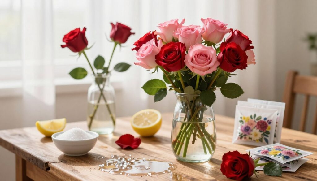 A graceful arrangement of vibrant roses in a clear glass vase, surrounded by various natural additives like a small bowl of sugar, a slice of lemon, and floral preservative sachets, artistically displayed on a rustic wooden table. The foreground features a close-up of the sparkling water reflecting the light, while the middle ground showcases the roses in rich reds and soft pinks, their petals glistening with freshness. In the background, soft diffused sunlight filters through sheer curtains, creating a warm, inviting atmosphere that suggests rejuvenation and care for the flowers. The overall mood is bright and cheerful, emphasizing the effective methods to extend the life of cut roses. A graceful arrangement of vibrant roses in a clear glass vase, surrounded by various natural additives like a small bowl of sugar, a slice of lemon, and floral preservative sachets, artistically displayed on a rustic wooden table. The foreground features a close-up of the sparkling water reflecting the light, while the middle ground showcases the roses in rich reds and soft pinks, their petals glistening with freshness. In the background, soft diffused sunlight filters through sheer curtains, creating a warm, inviting atmosphere that suggests rejuvenation and care for the flowers. The overall mood is bright and cheerful, emphasizing the effective methods to extend the life of cut roses.