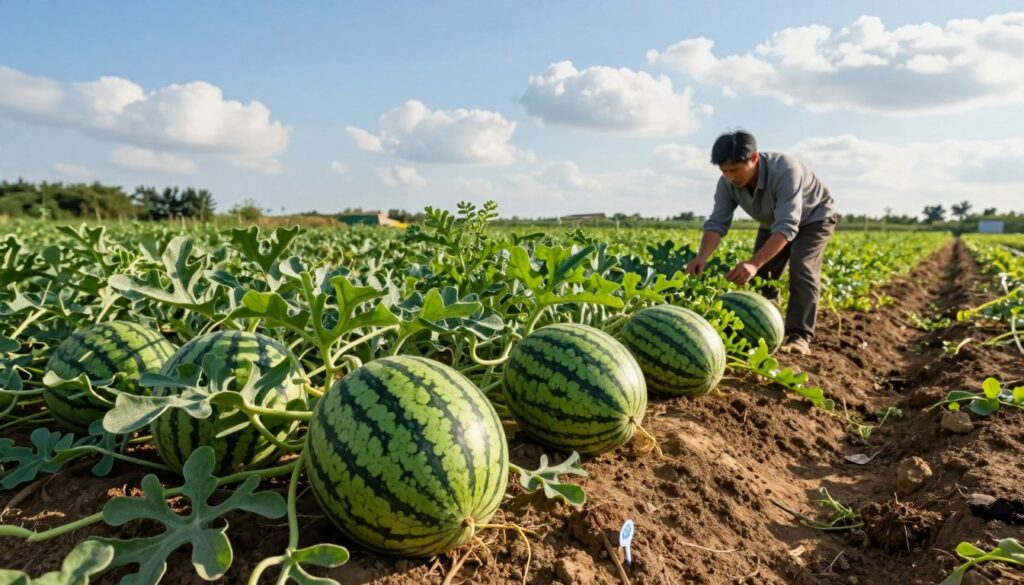 A lush agricultural scene showcasing optimal watermelon cultivation conditions for the 'Rosario F1' variety. In the foreground, vibrant green rows of watermelon plants, heavy with large, ripe fruit, are neatly arranged. The middle ground features rich, dark soil with visible moisture indicators, emphasizing the ideal soil conditions. A farmer in modest casual clothing is carefully inspecting the plants, ensuring healthy growth. In the background, a clear blue sky is dotted with soft white clouds, and gentle sunlight bathes the scene, casting warm, inviting shadows. The atmosphere is serene and productive, reflecting the beauty of sustainable agriculture in a well-maintained farm setting. A lush agricultural scene showcasing optimal watermelon cultivation conditions for the 'Rosario F1' variety. In the foreground, vibrant green rows of watermelon plants, heavy with large, ripe fruit, are neatly arranged. The middle ground features rich, dark soil with visible moisture indicators, emphasizing the ideal soil conditions. A farmer in modest casual clothing is carefully inspecting the plants, ensuring healthy growth. In the background, a clear blue sky is dotted with soft white clouds, and gentle sunlight bathes the scene, casting warm, inviting shadows. The atmosphere is serene and productive, reflecting the beauty of sustainable agriculture in a well-maintained farm setting.