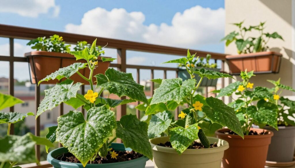 A lush balcony garden filled with vibrant green cucumber plants growing in colorful pots and containers. The foreground showcases several well-watered, healthy cucumber plants with large, broad leaves and small yellow flowers. In the middle ground, include a rustic wooden railing adorned with hanging planters, offering a rich detail of urban gardening. The background features a bright blue sky with fluffy white clouds, creating a cheerful atmosphere. Soft, warm sunlight illuminates the scene, casting gentle shadows that enhance the textures of the leaves and pots. Capture the essence of urban gardening, infusing the image with a sense of vitality and freshness, inviting viewers to explore the joys of cultivating cucumbers at home. A lush balcony garden filled with vibrant green cucumber plants growing in colorful pots and containers. The foreground showcases several well-watered, healthy cucumber plants with large, broad leaves and small yellow flowers. In the middle ground, include a rustic wooden railing adorned with hanging planters, offering a rich detail of urban gardening. The background features a bright blue sky with fluffy white clouds, creating a cheerful atmosphere. Soft, warm sunlight illuminates the scene, casting gentle shadows that enhance the textures of the leaves and pots. Capture the essence of urban gardening, infusing the image with a sense of vitality and freshness, inviting viewers to explore the joys of cultivating cucumbers at home.