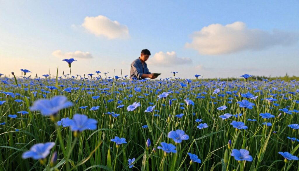 A lush field of flax plants in full bloom, showcasing vibrant blue flowers and slender green stalks, fills the foreground. Each plant has delicate, heart-shaped leaves, some displaying tiny droplets of morning dew. In the middle ground, a farmer wearing modest, casual clothing examines the crop, highlighting the connection between the plant and its cultivation. The background features a clear blue sky with soft, fluffy clouds, enhancing the serenity of the landscape. The lighting is warm and inviting, suggesting an early morning or late afternoon glow. The overall atmosphere is one of tranquility and agricultural harmony, capturing the essence of flax as a vital and historic plant. The composition is shot from a slightly elevated perspective, emphasizing the expansiveness of the flax field. A lush field of flax plants in full bloom, showcasing vibrant blue flowers and slender green stalks, fills the foreground. Each plant has delicate, heart-shaped leaves, some displaying tiny droplets of morning dew. In the middle ground, a farmer wearing modest, casual clothing examines the crop, highlighting the connection between the plant and its cultivation. The background features a clear blue sky with soft, fluffy clouds, enhancing the serenity of the landscape. The lighting is warm and inviting, suggesting an early morning or late afternoon glow. The overall atmosphere is one of tranquility and agricultural harmony, capturing the essence of flax as a vital and historic plant. The composition is shot from a slightly elevated perspective, emphasizing the expansiveness of the flax field.