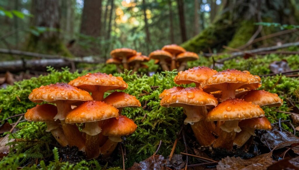 A lush forest floor covered in vibrant, orange "kurki" mushrooms emerging after a rain, glistening with droplets. In the foreground, several clusters of these mushrooms are prominently displayed, showcasing their distinct shape and texture, surrounded by rich green moss and fallen leaves. In the middle ground, a few more kurki mushrooms are nestled among the underbrush, illuminated by soft dappled sunlight filtering through the trees overhead. The background features towering trees and thick foliage, creating a sense of depth and tranquility. The scene is infused with a fresh, earthy atmosphere, suggesting the ideal weather conditions for mushroom growth. The image is captured with a macro lens, emphasizing detail, and exhibiting warm, inviting lighting that enhances the natural beauty of the setting. A lush forest floor covered in vibrant, orange "kurki" mushrooms emerging after a rain, glistening with droplets. In the foreground, several clusters of these mushrooms are prominently displayed, showcasing their distinct shape and texture, surrounded by rich green moss and fallen leaves. In the middle ground, a few more kurki mushrooms are nestled among the underbrush, illuminated by soft dappled sunlight filtering through the trees overhead. The background features towering trees and thick foliage, creating a sense of depth and tranquility. The scene is infused with a fresh, earthy atmosphere, suggesting the ideal weather conditions for mushroom growth. The image is captured with a macro lens, emphasizing detail, and exhibiting warm, inviting lighting that enhances the natural beauty of the setting.