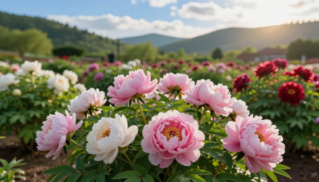 A lush garden in peak spring, featuring vibrant, fully bloomed peonies in various shades of pink, white, and deep red, showcasing their delicate petals. In the foreground, a cluster of peonies is dewy with morning light, glistening softly against a blurred, verdant backdrop of lush green leaves. The middle ground displays a mix of colorful flowers and greenery, creating a lively yet harmonious scene. In the background, gentle hills slope away under a clear blue sky, with soft sunlight filtering through scattered clouds, casting a warm and inviting glow. The overall mood is serene and joyful, embodying the essence of spring and the fleeting beauty of the peony season, encouraging appreciation of nature’s splendor. A lush garden in peak spring, featuring vibrant, fully bloomed peonies in various shades of pink, white, and deep red, showcasing their delicate petals. In the foreground, a cluster of peonies is dewy with morning light, glistening softly against a blurred, verdant backdrop of lush green leaves. The middle ground displays a mix of colorful flowers and greenery, creating a lively yet harmonious scene. In the background, gentle hills slope away under a clear blue sky, with soft sunlight filtering through scattered clouds, casting a warm and inviting glow. The overall mood is serene and joyful, embodying the essence of spring and the fleeting beauty of the peony season, encouraging appreciation of nature’s splendor.