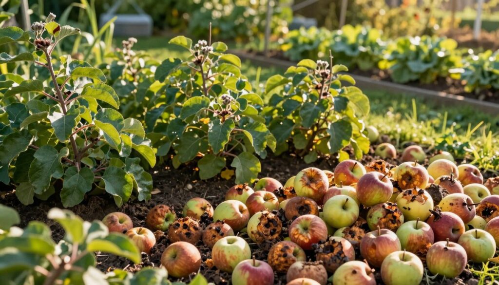 A lush garden scene bathed in warm, golden sunlight, focusing on a pile of rotting apples intricately arranged in the foreground, showcasing their decaying textures and vibrant colors. In the middle ground, healthy plants thrive, their leaves a rich green, demonstrating the benefits of the apple compost. The background features a soft, blurred view of a well-maintained vegetable patch, hinting at the garden’s vitality. The scene evokes a sense of natural harmony and rejuvenation, illustrating the concept of using organic waste as fertilizer. The overall mood is tranquil and optimistic, highlighting the cycle of life in gardening. The composition is slightly elevated, resembling a bird's-eye view, to capture the depth and richness of the garden's layers. A lush garden scene bathed in warm, golden sunlight, focusing on a pile of rotting apples intricately arranged in the foreground, showcasing their decaying textures and vibrant colors. In the middle ground, healthy plants thrive, their leaves a rich green, demonstrating the benefits of the apple compost. The background features a soft, blurred view of a well-maintained vegetable patch, hinting at the garden’s vitality. The scene evokes a sense of natural harmony and rejuvenation, illustrating the concept of using organic waste as fertilizer. The overall mood is tranquil and optimistic, highlighting the cycle of life in gardening. The composition is slightly elevated, resembling a bird's-eye view, to capture the depth and richness of the garden's layers.
