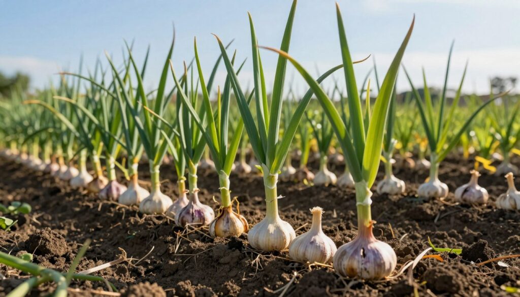 A lush garlic garden at the moment of harvest, showcasing healthy garlic bulbs partially emerging from rich, dark soil. In the foreground, focus on vibrant green garlic tops gently bending in a soft breeze, with distinct bulbs peeking through the earth. The middle ground captures various stages of garlic maturity, some tops golden and wilted, hinting at readiness for harvest, while others remain bright green. In the background, a clear blue sky adds depth, with sunlight casting warm, inviting light over the scene, creating soft shadows that enhance the textures of the soil and plants. The overall mood is serene and rewarding, evoking a sense of accomplishment in home gardening. A lush garlic garden at the moment of harvest, showcasing healthy garlic bulbs partially emerging from rich, dark soil. In the foreground, focus on vibrant green garlic tops gently bending in a soft breeze, with distinct bulbs peeking through the earth. The middle ground captures various stages of garlic maturity, some tops golden and wilted, hinting at readiness for harvest, while others remain bright green. In the background, a clear blue sky adds depth, with sunlight casting warm, inviting light over the scene, creating soft shadows that enhance the textures of the soil and plants. The overall mood is serene and rewarding, evoking a sense of accomplishment in home gardening.