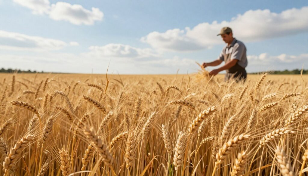A lush, golden field of wheat and spelt mixture (pszenżyto) stands prominently in the foreground, showcasing healthy stalks swaying gently in the breeze. In the middle ground, a farmer in a smart casual outfit inspects the plants, symbolizing meticulous agricultural practices. The background reveals a clear blue sky with soft, fluffy clouds, accentuating the calmness of the rural landscape. The lighting is warm and natural, suggesting late afternoon sunlight, which casts gentle shadows and highlights the textures of the wheat. The mood is serene and optimistic, reflecting the bounty and potential of sustainable farming practices. No text or human interactions detract from the vivid focus on the flourishing crops, emphasizing the subject of planting spelt after wheat without compromising yields.