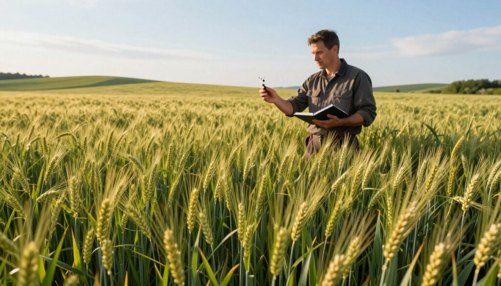 A lush green field of spring barley, vibrant with healthy plants stretching towards the sky, is captured in a panoramic view. In the foreground, clusters of ripe barley heads shimmer under warm sunlight, revealing rich golden hues. The middle ground features a farmer inspecting the crop, dressed in practical farming attire, holding a soil sample in one hand and a notebook in the other, with a focused expression. In the background, rolling hills and a clear blue sky bathed in soft, natural light create an inviting atmosphere, symbolizing growth and abundance. The composition is shot from a slightly elevated angle to convey depth and perspective, highlighting the vastness of the northern European landscape ideal for barley cultivation. The overall mood is one of professionalism, dedication, and optimism for high yields. A lush green field of spring barley, vibrant with healthy plants stretching towards the sky, is captured in a panoramic view. In the foreground, clusters of ripe barley heads shimmer under warm sunlight, revealing rich golden hues. The middle ground features a farmer inspecting the crop, dressed in practical farming attire, holding a soil sample in one hand and a notebook in the other, with a focused expression. In the background, rolling hills and a clear blue sky bathed in soft, natural light create an inviting atmosphere, symbolizing growth and abundance. The composition is shot from a slightly elevated angle to convey depth and perspective, highlighting the vastness of the northern European landscape ideal for barley cultivation. The overall mood is one of professionalism, dedication, and optimism for high yields.