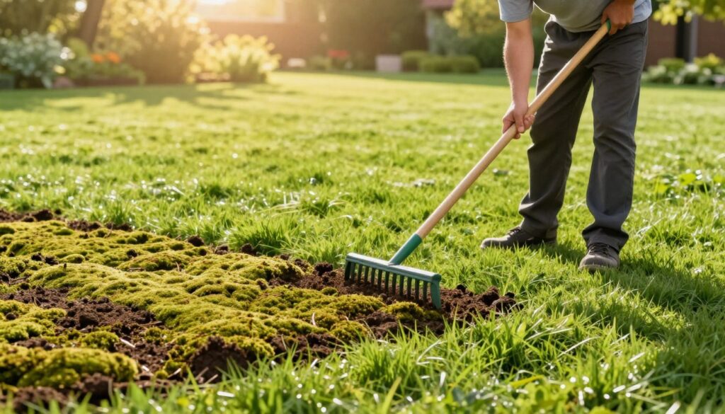 A lush green lawn being prepared for moss removal, showcasing a vibrant landscape. In the foreground, a gardener in professional attire uses a rake to gently aerate the soil, demonstrating careful technique. The middle ground features a pristine, manicured lawn, with patches of moss clearly visible, indicating the need for treatment. In the background, a sunny day casts warm, golden light over the scene, creating a cheerful, inviting atmosphere. The gardener's focused expression reflects dedication to lawn care. Soft shadows add depth to the image, while a gentle breeze is suggested by lightly swaying grass. The overall mood is one of optimism and care, perfectly illustrating the preparation phase before moss eradication.