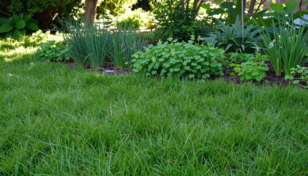 A lush, green lawn in the foreground featuring healthy, dense patches of "perzu" grass, demonstrating vibrant growth. In the middle ground, there are various plants and herbs, such as clover and alfalfa, illustrating effective sowing strategies to control the spread of perzu and enhance soil structure. The background shows a tranquil garden scene with soft, dappled sunlight filtering through the leaves of nearby trees, casting gentle shadows across the ground. A slight breeze creates ripples in the grass, adding a sense of movement. The overall atmosphere is serene and harmonious, evoking a sense of natural beauty and agricultural prosperity. The image is captured with a wide-angle lens to emphasize depth, with an emphasis on natural lighting that enhances the vivid green tones of the plants. A lush, green lawn in the foreground featuring healthy, dense patches of "perzu" grass, demonstrating vibrant growth. In the middle ground, there are various plants and herbs, such as clover and alfalfa, illustrating effective sowing strategies to control the spread of perzu and enhance soil structure. The background shows a tranquil garden scene with soft, dappled sunlight filtering through the leaves of nearby trees, casting gentle shadows across the ground. A slight breeze creates ripples in the grass, adding a sense of movement. The overall atmosphere is serene and harmonious, evoking a sense of natural beauty and agricultural prosperity. The image is captured with a wide-angle lens to emphasize depth, with an emphasis on natural lighting that enhances the vivid green tones of the plants.