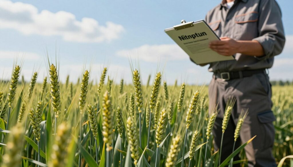 A lush green wheat field in the foreground, showcasing wheat plants at different development stages, some with vibrant golden heads while others are still green. In the middle ground, a farmer in professional attire examines the crops, holding a clipboard that reflects the importance of optimal fertilizer application timing. The background features a clear blue sky with soft, white clouds, suggesting ideal weather conditions for fertilization. The sunlight bathes the scene in a warm, inviting glow, enhancing the green of the wheat and highlighting its healthy growth. The image conveys a sense of careful planning and agricultural expertise, emphasizing the critical timing for nitrogen application in wheat. A lush green wheat field in the foreground, showcasing wheat plants at different development stages, some with vibrant golden heads while others are still green. In the middle ground, a farmer in professional attire examines the crops, holding a clipboard that reflects the importance of optimal fertilizer application timing. The background features a clear blue sky with soft, white clouds, suggesting ideal weather conditions for fertilization. The sunlight bathes the scene in a warm, inviting glow, enhancing the green of the wheat and highlighting its healthy growth. The image conveys a sense of careful planning and agricultural expertise, emphasizing the critical timing for nitrogen application in wheat.