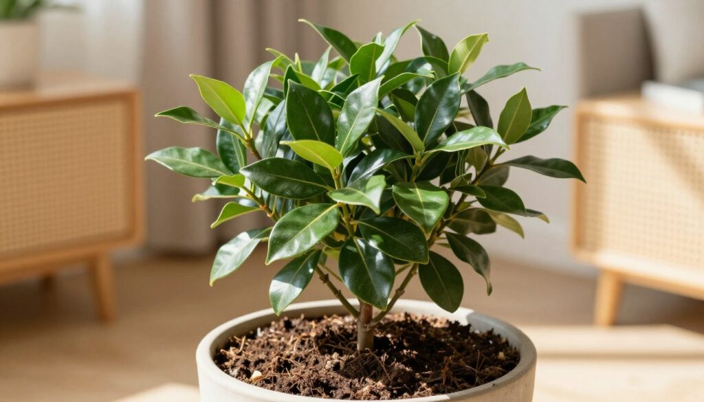 A lush, healthy bay laurel plant in a decorative pot, showcasing rich green foliage with distinct, glossy leaves. The foreground features the pot filled with well-draining soil, textured and dark, suggesting a balanced mixture suitable for bay laurel growth. The middle ground includes a soft sunlight filtering through leaves, creating dappled light patterns on the soil surface. In the background, a warm, inviting home environment is suggested, with light wooden furniture and soft, neutral curtains. The atmosphere feels calm and nurturing, emphasizing a thriving indoor garden space. The composition should be captured from a slightly elevated angle to highlight the plant’s vibrant structure and emphasize the quality of the soil, with a focus on maintaining a bright and cheerful ambiance. A lush, healthy bay laurel plant in a decorative pot, showcasing rich green foliage with distinct, glossy leaves. The foreground features the pot filled with well-draining soil, textured and dark, suggesting a balanced mixture suitable for bay laurel growth. The middle ground includes a soft sunlight filtering through leaves, creating dappled light patterns on the soil surface. In the background, a warm, inviting home environment is suggested, with light wooden furniture and soft, neutral curtains. The atmosphere feels calm and nurturing, emphasizing a thriving indoor garden space. The composition should be captured from a slightly elevated angle to highlight the plant’s vibrant structure and emphasize the quality of the soil, with a focus on maintaining a bright and cheerful ambiance.