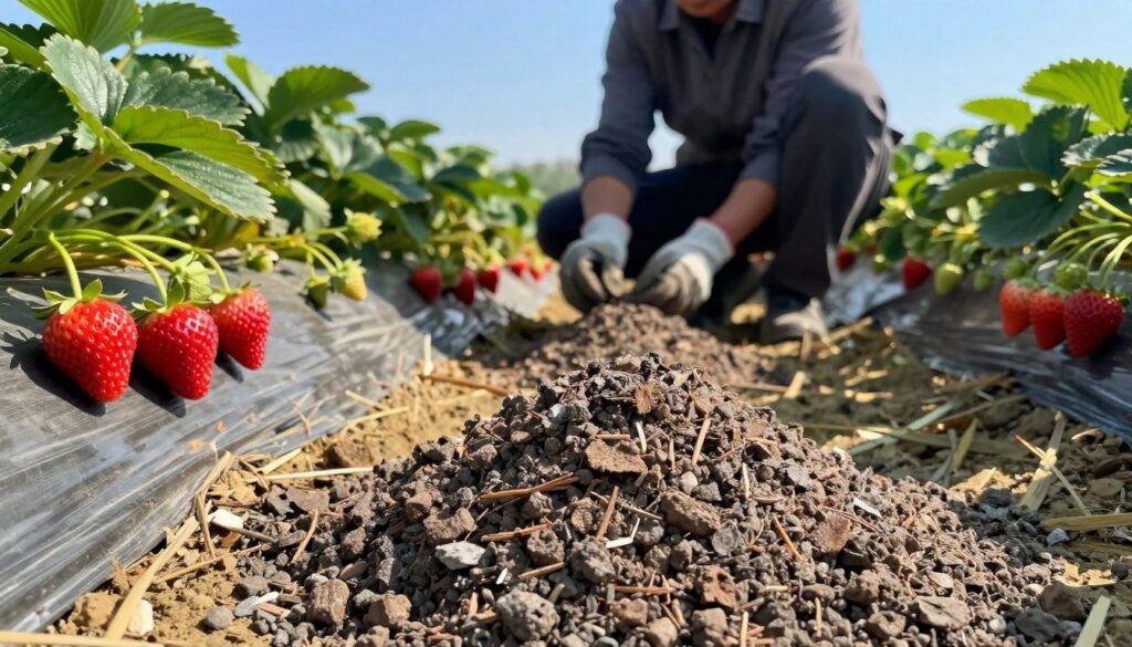A lush strawberry field under bright sunlight, showcasing vibrant red strawberries ready for harvest. In the foreground, there's a close-up of a pile of wood ash, with a fine texture, glistening slightly in the sunlight. The middle ground features a gardener in modest casual clothing, wearing gloves and squatting next to the ash, carefully inspecting its consistency. In the background, rows of strawberry plants flourish under a clear blue sky, emphasizing healthy growth. Warm, natural lighting creates a serene atmosphere, highlighting the safety and potential benefits of using wood ash as fertilizer. The angle is slightly elevated, capturing both the gardener's actions and the thriving strawberry plants, conveying a sense of harmony between nature and sustainable farming practices. A lush strawberry field under bright sunlight, showcasing vibrant red strawberries ready for harvest. In the foreground, there's a close-up of a pile of wood ash, with a fine texture, glistening slightly in the sunlight. The middle ground features a gardener in modest casual clothing, wearing gloves and squatting next to the ash, carefully inspecting its consistency. In the background, rows of strawberry plants flourish under a clear blue sky, emphasizing healthy growth. Warm, natural lighting creates a serene atmosphere, highlighting the safety and potential benefits of using wood ash as fertilizer. The angle is slightly elevated, capturing both the gardener's actions and the thriving strawberry plants, conveying a sense of harmony between nature and sustainable farming practices.
