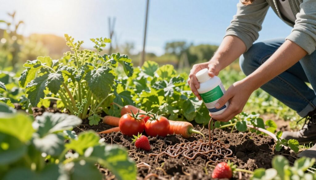 A lush vegetable garden thriving with vibrant green plants, showcasing a variety of vegetables and fruits like tomatoes, carrots, and strawberries. In the foreground, a gardener in modest casual clothing is applying biohumus fertilizer enriched with earthworms, demonstrating sustainable gardening techniques. The middle ground features rich, dark soil with organic compost mixed in, highlighting the earthworm castings. In the background, a clear blue sky spills warm sunlight over the scene, illuminating the plants and creating a bright and inviting atmosphere. The image conveys a sense of growth and abundance, capturing the essence of using natural fertilizers to enhance agricultural productivity. Soft focus on the background for depth, with a slight lens flare for a sunny day effect.