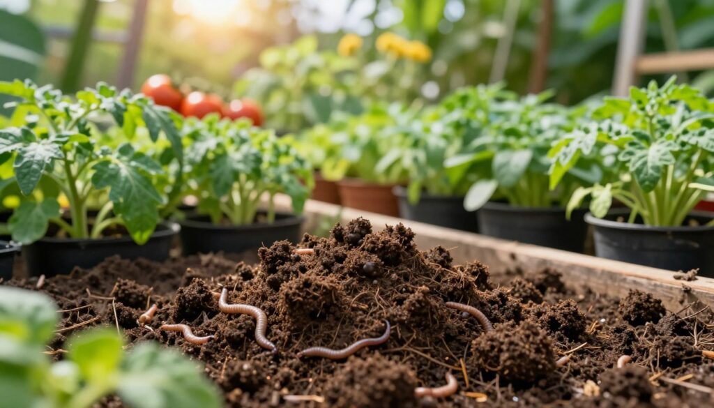 A lush, vibrant garden setting filled with healthy, green plants thriving in rich, dark biohumus soil. In the foreground, a close-up view of a handful of biohumus, showcasing its crumbly texture and organic matter, while small earthworms are visible among the soil. The middle layer features various flourishing potted plants, such as tomatoes and herbs, illustrating the effectiveness of the biohumus. In the background, a warm sunlight filters through trees, casting a soft glow over the scene, enhancing the healthy and nourishing atmosphere. The shot is taken from a low angle, inviting the viewer to appreciate the fertility of the garden and the benefits of homemade biohumus. This serene and inviting image embodies the essence of home gardening and ecological sustainability. A lush, vibrant garden setting filled with healthy, green plants thriving in rich, dark biohumus soil. In the foreground, a close-up view of a handful of biohumus, showcasing its crumbly texture and organic matter, while small earthworms are visible among the soil. The middle layer features various flourishing potted plants, such as tomatoes and herbs, illustrating the effectiveness of the biohumus. In the background, a warm sunlight filters through trees, casting a soft glow over the scene, enhancing the healthy and nourishing atmosphere. The shot is taken from a low angle, inviting the viewer to appreciate the fertility of the garden and the benefits of homemade biohumus. This serene and inviting image embodies the essence of home gardening and ecological sustainability.