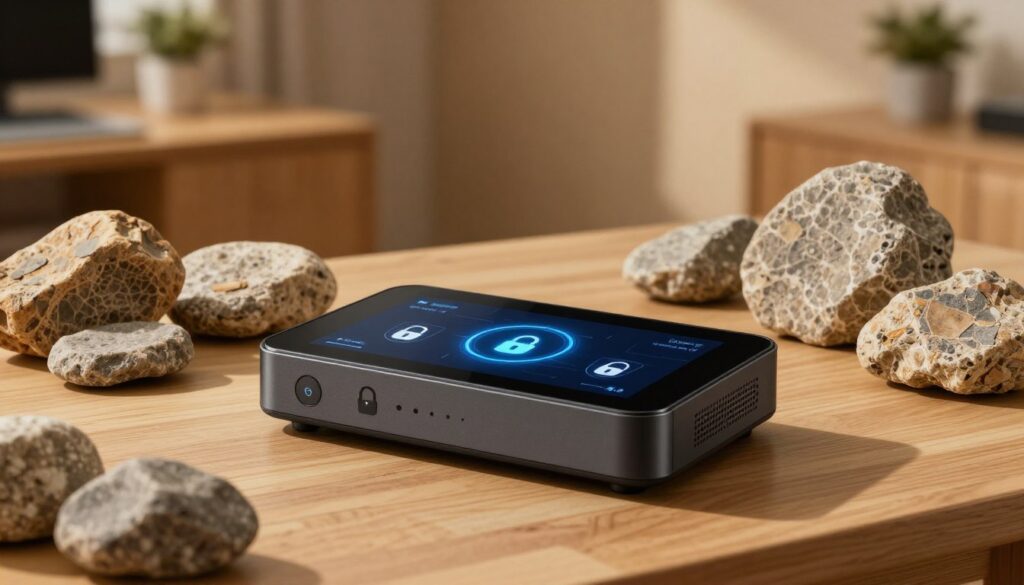 A modern device for storing information, placed prominently in the foreground, showcasing sleek lines and a digital interface. The device should display symbols of security, like locks and shields, emphasizing its role in information safety. In the middle ground, open grain stones are artistically arranged, symbolizing traditional methods of processing, contrasted against the high-tech device. The background features a softly lit workspace with wooden textures and plants, creating a warm, inviting atmosphere. The lighting should be warm, accentuating the device's features while casting soft shadows. A shallow depth of field should focus on the device, with the stones and background slightly blurred, enhancing the modern vs. traditional theme in this safe and professional environment. A modern device for storing information, placed prominently in the foreground, showcasing sleek lines and a digital interface. The device should display symbols of security, like locks and shields, emphasizing its role in information safety. In the middle ground, open grain stones are artistically arranged, symbolizing traditional methods of processing, contrasted against the high-tech device. The background features a softly lit workspace with wooden textures and plants, creating a warm, inviting atmosphere. The lighting should be warm, accentuating the device's features while casting soft shadows. A shallow depth of field should focus on the device, with the stones and background slightly blurred, enhancing the modern vs. traditional theme in this safe and professional environment.