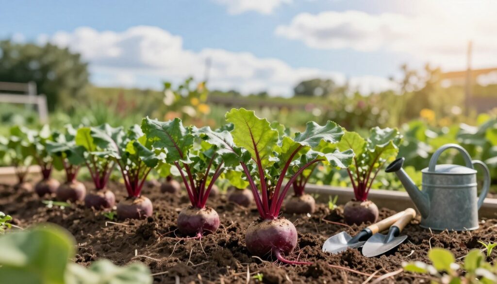 A peaceful garden scene showcasing healthy, vibrant burak ćwikłowy (beetroot) plants in the foreground. The plants display lush green leaves with deep red-purple roots peeking through the rich, dark soil. In the middle ground, rows of beetroots are evenly spaced, illustrating optimal planting conditions. Various organic gardening tools, like a trowel and watering can, are thoughtfully arranged beside the plants, suggesting care and attention. The background features a soft-focus view of a sunlit garden with bright blue skies and gentle fluffy clouds, creating a serene atmosphere. The lighting is warm and inviting, evoking a sense of growth and vitality. The angle captures a slightly elevated perspective, providing a comprehensive view of the healthy beetroot plants flourishing in their environment. A peaceful garden scene showcasing healthy, vibrant burak ćwikłowy (beetroot) plants in the foreground. The plants display lush green leaves with deep red-purple roots peeking through the rich, dark soil. In the middle ground, rows of beetroots are evenly spaced, illustrating optimal planting conditions. Various organic gardening tools, like a trowel and watering can, are thoughtfully arranged beside the plants, suggesting care and attention. The background features a soft-focus view of a sunlit garden with bright blue skies and gentle fluffy clouds, creating a serene atmosphere. The lighting is warm and inviting, evoking a sense of growth and vitality. The angle captures a slightly elevated perspective, providing a comprehensive view of the healthy beetroot plants flourishing in their environment.