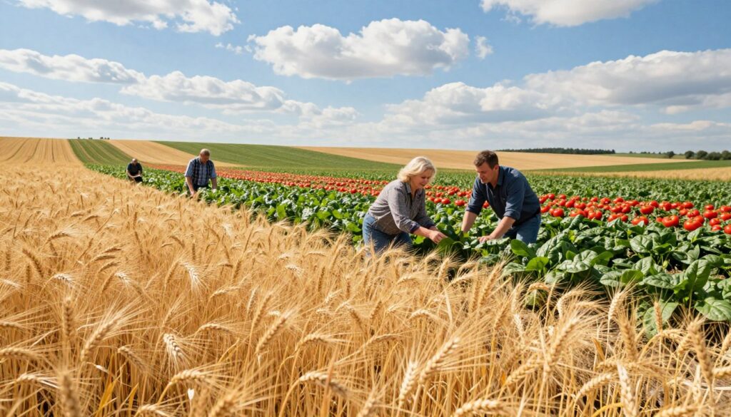 A picturesque agricultural landscape in Poland, showcasing a diverse range of profitable crops suited for the local climate. In the foreground, an expansive field of golden wheat sways gently in the breeze, while rows of lush green spinach and vibrant red tomatoes are visible in the middle ground. Farmers, dressed in modest casual clothing, are seen examining the crops with content expressions, engaging in discussions about yield and profitability. The background features rolling hills under a bright blue sky, dotted with fluffy white clouds. The scene is illuminated by warm, natural sunlight, creating a hopeful and productive atmosphere, evoking a sense of opportunity in farming. The composition is shot from a low angle to emphasize the grandeur of the crops and the engaged individuals, capturing the essence of sustainable agriculture.