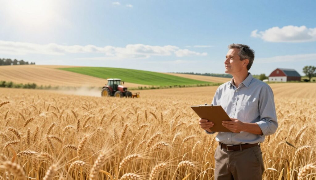 A picturesque agricultural scene depicting ripe golden fields of wheat under a bright, blue sky, representing the essence of grain subsidies. In the foreground, a farmer dressed in professional attire stands proudly, holding a clipboard, symbolizing knowledgeable insight into the subsidy situation. In the middle ground, gentle rolling hills are dotted with vibrant green patches of barley, while a modern tractor works diligently, hinting at progress and investment. The background features a serene farmhouse with a barn, while soft sunlight casts warm rays, evoking a sense of hope and prosperity. The overall mood is optimistic and informative, capturing the anticipation for potential grain subsidies in the upcoming season. A picturesque agricultural scene depicting ripe golden fields of wheat under a bright, blue sky, representing the essence of grain subsidies. In the foreground, a farmer dressed in professional attire stands proudly, holding a clipboard, symbolizing knowledgeable insight into the subsidy situation. In the middle ground, gentle rolling hills are dotted with vibrant green patches of barley, while a modern tractor works diligently, hinting at progress and investment. The background features a serene farmhouse with a barn, while soft sunlight casts warm rays, evoking a sense of hope and prosperity. The overall mood is optimistic and informative, capturing the anticipation for potential grain subsidies in the upcoming season.
