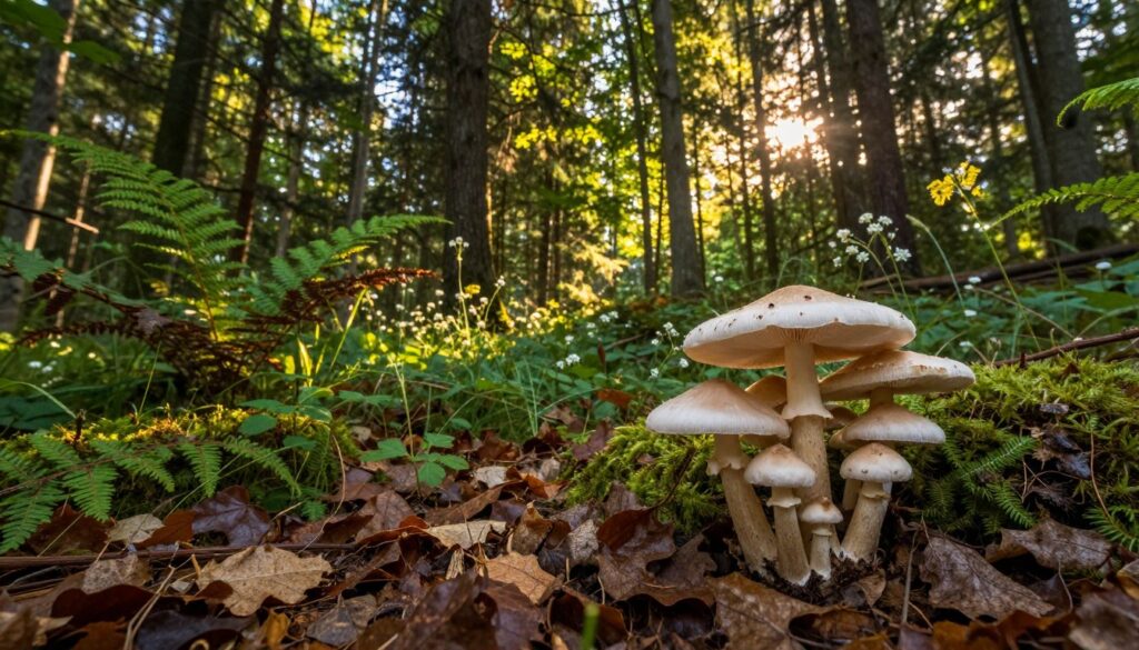 A picturesque forest clearing during the golden hour, softly illuminated by warm, dappled sunlight filtering through the leafy canopy. In the foreground, a cluster of beautiful, white-capped "czubajka kania" mushrooms stands out against the rich, earthy tones of fallen leaves and moss. Their distinct shape, resembling a parasol, adds elegance to the scene. In the middle ground, the lush greenery cascades, with ferns and wildflowers creating a vibrant tapestry. The background showcases tall, slender trees, gracefully reaching towards the sky, their shadows dancing on the forest floor. The atmosphere should evoke a sense of tranquility and wonder, inviting viewers to explore the serene beauty of nature. The image should be captured from a low angle, highlighting the mushrooms prominently while allowing the enchanting forest environment to envelop them. A picturesque forest clearing during the golden hour, softly illuminated by warm, dappled sunlight filtering through the leafy canopy. In the foreground, a cluster of beautiful, white-capped "czubajka kania" mushrooms stands out against the rich, earthy tones of fallen leaves and moss. Their distinct shape, resembling a parasol, adds elegance to the scene. In the middle ground, the lush greenery cascades, with ferns and wildflowers creating a vibrant tapestry. The background showcases tall, slender trees, gracefully reaching towards the sky, their shadows dancing on the forest floor. The atmosphere should evoke a sense of tranquility and wonder, inviting viewers to explore the serene beauty of nature. The image should be captured from a low angle, highlighting the mushrooms prominently while allowing the enchanting forest environment to envelop them.