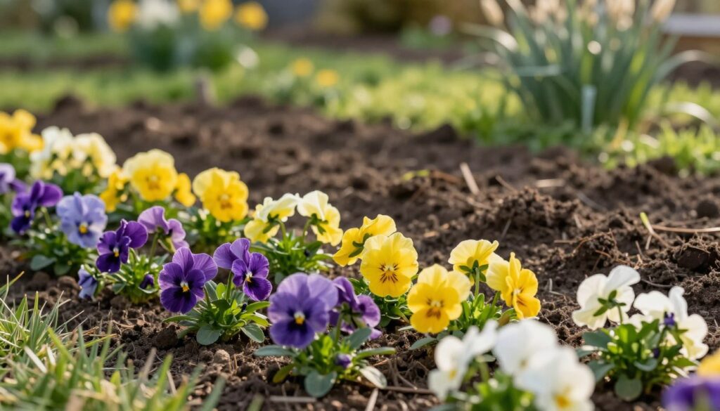A picturesque garden scene featuring a selection of vibrant pansies ('bratki') in a well-prepared flower bed. In the foreground, a mix of colorful pansies—purple, yellow, and white—bloom abundantly, their petals glistening under soft morning sunlight. The middle section of the image showcases freshly tilled garden soil, rich and dark, indicating proper preparation for planting. To the background, softly blurred green foliage and gently swaying grasses create a serene atmosphere, suggesting a calm spring day. The lighting is warm and inviting, casting soft shadows that enhance the flowers' textures. The angle is slightly elevated, providing a comprehensive view of the flower bed, capturing the essence of a well-chosen planting area. The mood is tranquil and refreshing, evoking a sense of natural beauty and care in gardening. A picturesque garden scene featuring a selection of vibrant pansies ('bratki') in a well-prepared flower bed. In the foreground, a mix of colorful pansies—purple, yellow, and white—bloom abundantly, their petals glistening under soft morning sunlight. The middle section of the image showcases freshly tilled garden soil, rich and dark, indicating proper preparation for planting. To the background, softly blurred green foliage and gently swaying grasses create a serene atmosphere, suggesting a calm spring day. The lighting is warm and inviting, casting soft shadows that enhance the flowers' textures. The angle is slightly elevated, providing a comprehensive view of the flower bed, capturing the essence of a well-chosen planting area. The mood is tranquil and refreshing, evoking a sense of natural beauty and care in gardening.