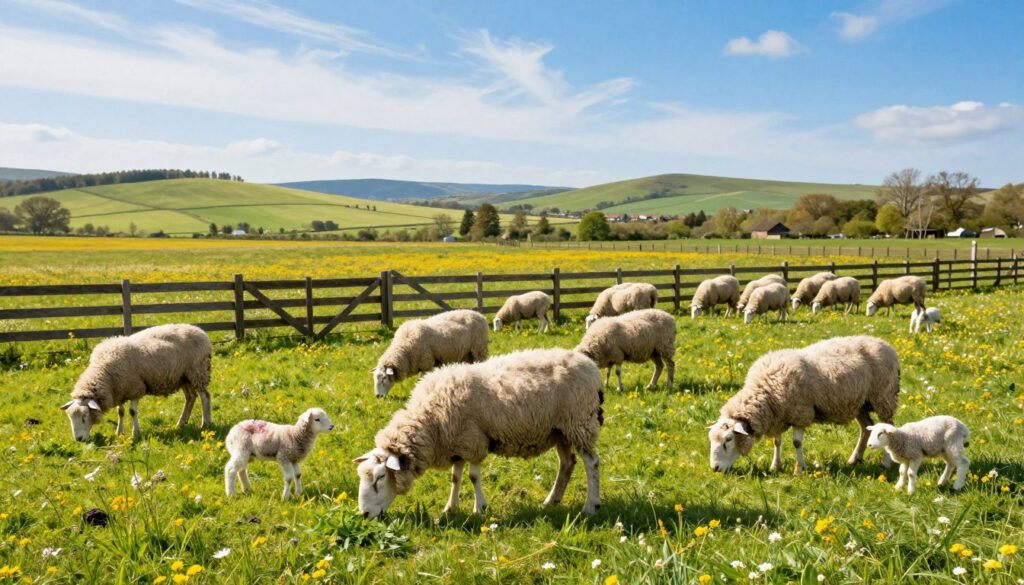 A picturesque pastoral scene depicting sheep grazing in a lush green meadow, surrounded by vibrant wildflowers, showcasing seasonal changes. In the foreground, healthy ewes munching on fresh grass, with a few lambs playfully frolicking nearby. The middle ground features a weathered wooden fence and a small herd of sheep, illustrating a balance in diet with an array of natural forage. In the background, a serene landscape transitions from verdant fields to distant hills under a bright blue sky, scattered with wispy clouds, exemplifying the spring season. Soft, warm sunlight casts gentle shadows, creating a peaceful ambiance. The composition should evoke a sense of harmony with nature, highlighting the importance of seasonal nutrition for sheep in farming practices.