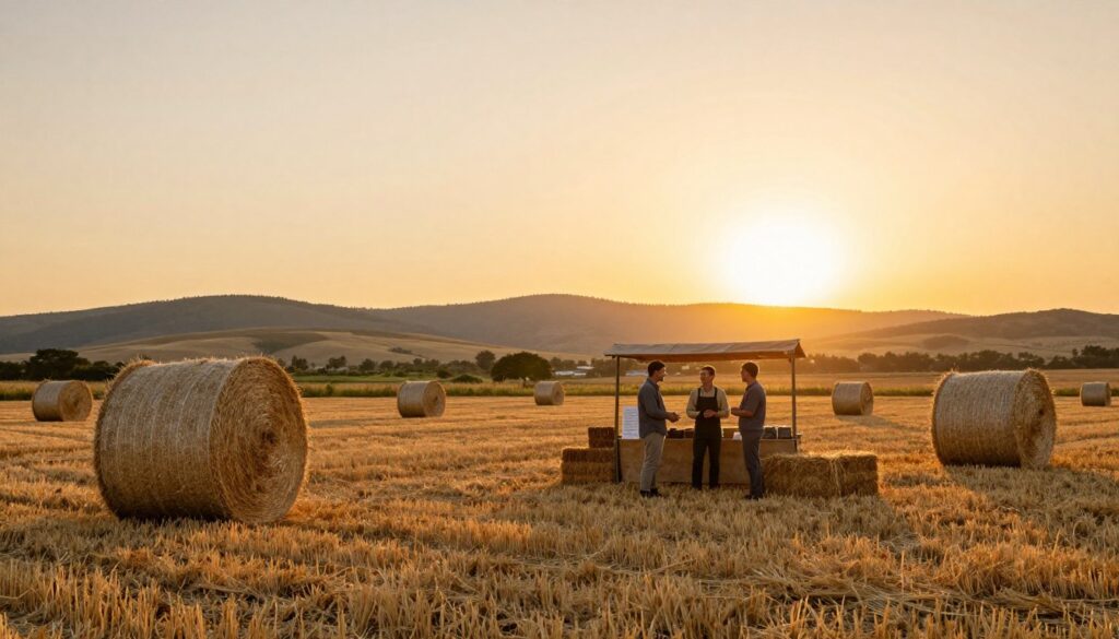 A picturesque rural landscape featuring a vibrant hay field at sunset. In the foreground, neatly stacked bales of hay, with a variety of sizes reflecting different sellers' offerings. The middle ground showcases a small market stall run by a friendly farmer in modest, casual attire, discussing with a potential buyer, both engaged in conversation about the price of hay. In the background, rolling hills and a warm-toned sky add depth to the scene, while soft rays of the setting sun illuminate the field, creating a warm, welcoming atmosphere. Use a wide-angle lens to capture the expansive landscape, ensuring the focus remains on the interaction between the farmer and the buyer. No text or branding elements on the image. A picturesque rural landscape featuring a vibrant hay field at sunset. In the foreground, neatly stacked bales of hay, with a variety of sizes reflecting different sellers' offerings. The middle ground showcases a small market stall run by a friendly farmer in modest, casual attire, discussing with a potential buyer, both engaged in conversation about the price of hay. In the background, rolling hills and a warm-toned sky add depth to the scene, while soft rays of the setting sun illuminate the field, creating a warm, welcoming atmosphere. Use a wide-angle lens to capture the expansive landscape, ensuring the focus remains on the interaction between the farmer and the buyer. No text or branding elements on the image.