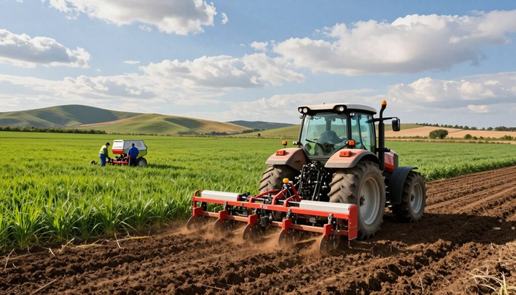 A picturesque rural scene showcasing agricultural services focused on grain sowing. In the foreground, a modern tractor with a sowing machine attached is actively planting seeds in rich, dark soil. The middle ground features expansive fields of lush green crops, indicating healthy growth post-sowing, and farmworkers in professional attire efficiently managing the process. In the background, rolling hills under a blue sky with scattered clouds add depth, while sunlight casts a warm glow over the landscape, enhancing the feeling of productivity and vitality. The scene invites a sense of optimism and illustrates the increasing costs associated with field work, reflecting a busy and thriving agricultural environment. A picturesque rural scene showcasing agricultural services focused on grain sowing. In the foreground, a modern tractor with a sowing machine attached is actively planting seeds in rich, dark soil. The middle ground features expansive fields of lush green crops, indicating healthy growth post-sowing, and farmworkers in professional attire efficiently managing the process. In the background, rolling hills under a blue sky with scattered clouds add depth, while sunlight casts a warm glow over the landscape, enhancing the feeling of productivity and vitality. The scene invites a sense of optimism and illustrates the increasing costs associated with field work, reflecting a busy and thriving agricultural environment.