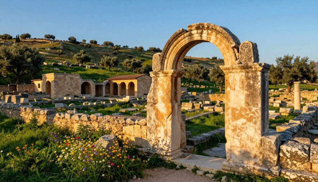 A picturesque scene of ancient Cypriot ruins basking in the warm glow of spring sunlight. In the foreground, a well-preserved stone archway and columns showcasing intricate carvings, surrounded by vibrant wildflowers and lush green grass. The middle ground features an archaeological site with traditional stone buildings and remnants of ancient civilization, softly illuminated. The background showcases rolling hills dotted with olive trees and a clear blue sky, conveying a sense of history and tranquility. The overall atmosphere is serene and inviting, with golden hour lighting enhancing the textures of the stones and warmth of the scene. The angle captures a slightly elevated view, inviting the viewer to explore the rich heritage of Cyprus. A picturesque scene of ancient Cypriot ruins basking in the warm glow of spring sunlight. In the foreground, a well-preserved stone archway and columns showcasing intricate carvings, surrounded by vibrant wildflowers and lush green grass. The middle ground features an archaeological site with traditional stone buildings and remnants of ancient civilization, softly illuminated. The background showcases rolling hills dotted with olive trees and a clear blue sky, conveying a sense of history and tranquility. The overall atmosphere is serene and inviting, with golden hour lighting enhancing the textures of the stones and warmth of the scene. The angle captures a slightly elevated view, inviting the viewer to explore the rich heritage of Cyprus.